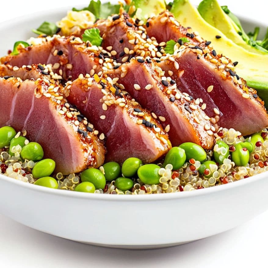 Spicy Pan-Asian ahi tuna bowl with edamame, crispy wontons and sesame