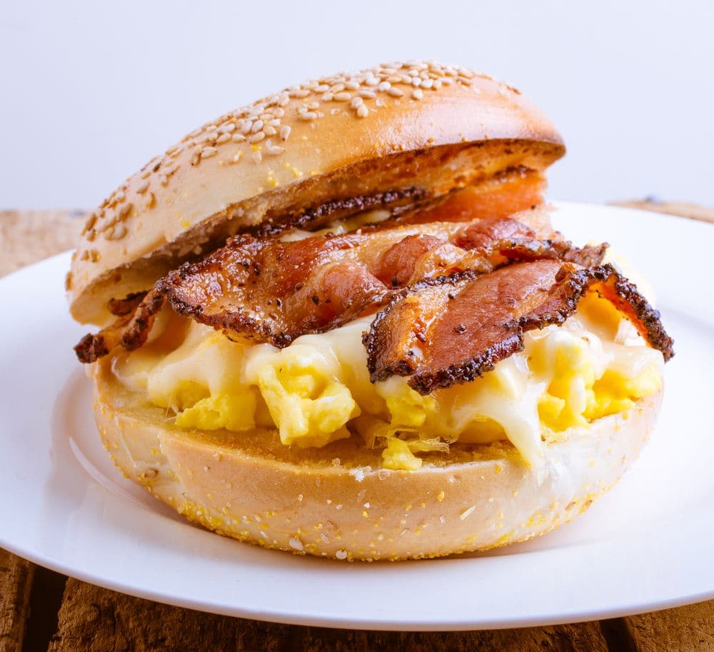 Golden Morning bagel with scrambled egg, bacon, cheese and avocado