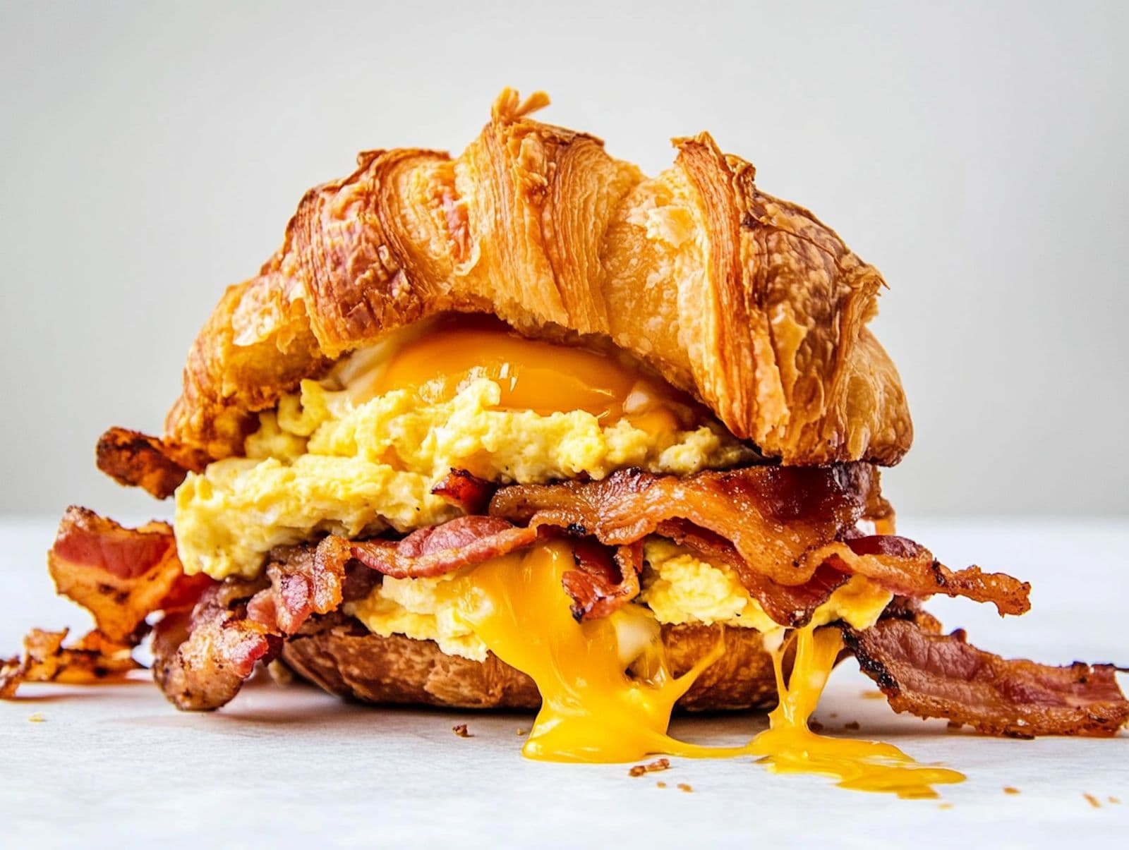 Bacon, egg and cheese on a flaky croissant, cut to show the layers