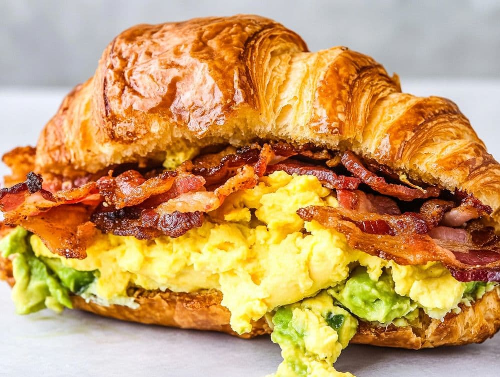 California croissant with scrambled egg, bacon and sliced avocado