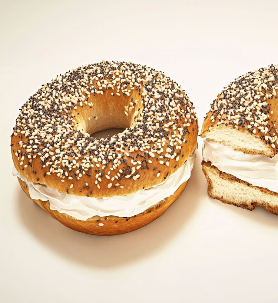 Everything bagel with a thick layer of cream cheese