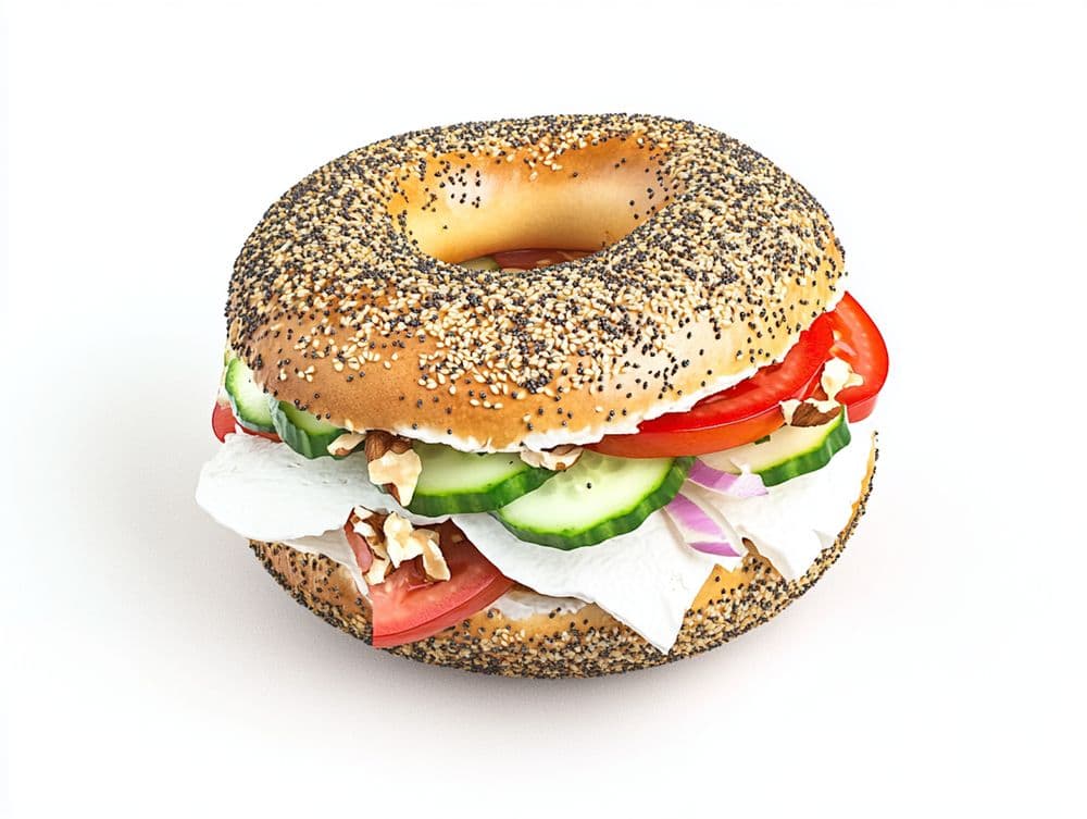 Mediterranean bagel with feta, cucumber, walnuts and fresh tomato